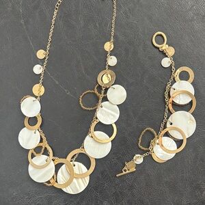 Elegant Gold and Mother of Pearl circle Necklace set 7” bracelet & necklace